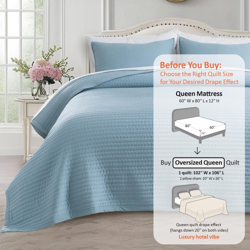 KASENTEX Oversized Queen Quilt Set 102"x106" â€“ Soft Washed 3-Layer Lightweight Bedspread, Minimalist Nordic Design, All-Season Spring & Summer Quilt Set (1 Quilt + 2 Pillow Shams), Blue - Image 3